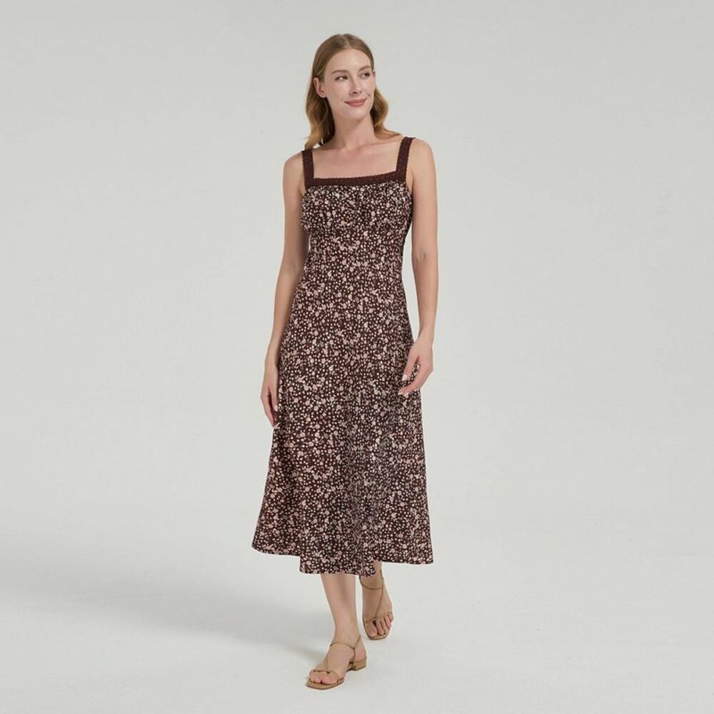Women's Embroidered Strap Midi A-Line Dress - Universal Thread Brown Floral XL